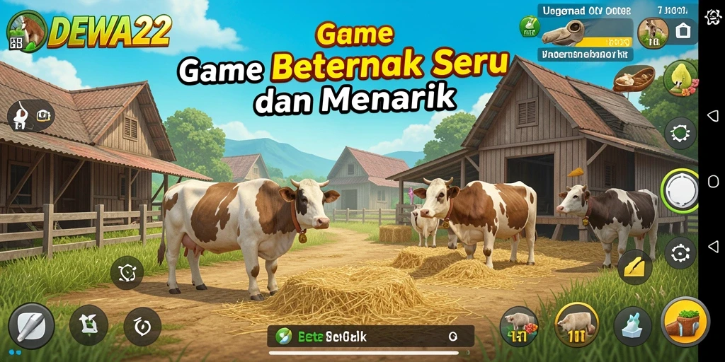 Antarmuka DEWA22 yang menampilkan peternakan yang interaktif dan menarik.